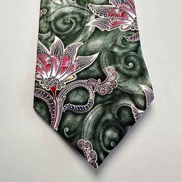 Oscar de la Renta Tie Mens 60in 4in Width Green 100% Silk Floral Paisley Necktie - Picture 1 of 8